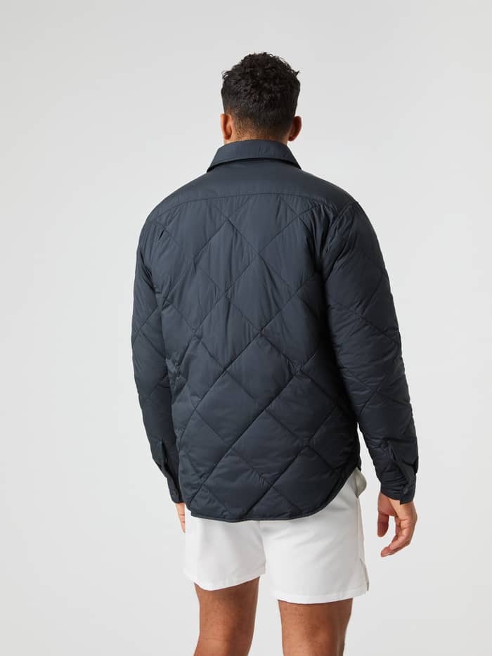 Back view of a man wearing the Björn Borg Centre Quilted Overshirt in Black Beauty (Black) with a functional padded design. - Image 2