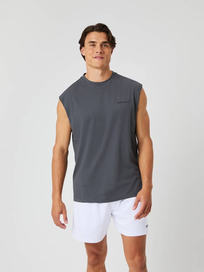 Borg Gym Sleeveless T-Shirt i Asphalt (Grå) set forfra med et sort logo til funktionel træning.