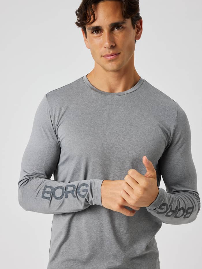 Front view of the Borg Long Sleeve T-Shirt in grey melange featuring long sleeves and a training fit.