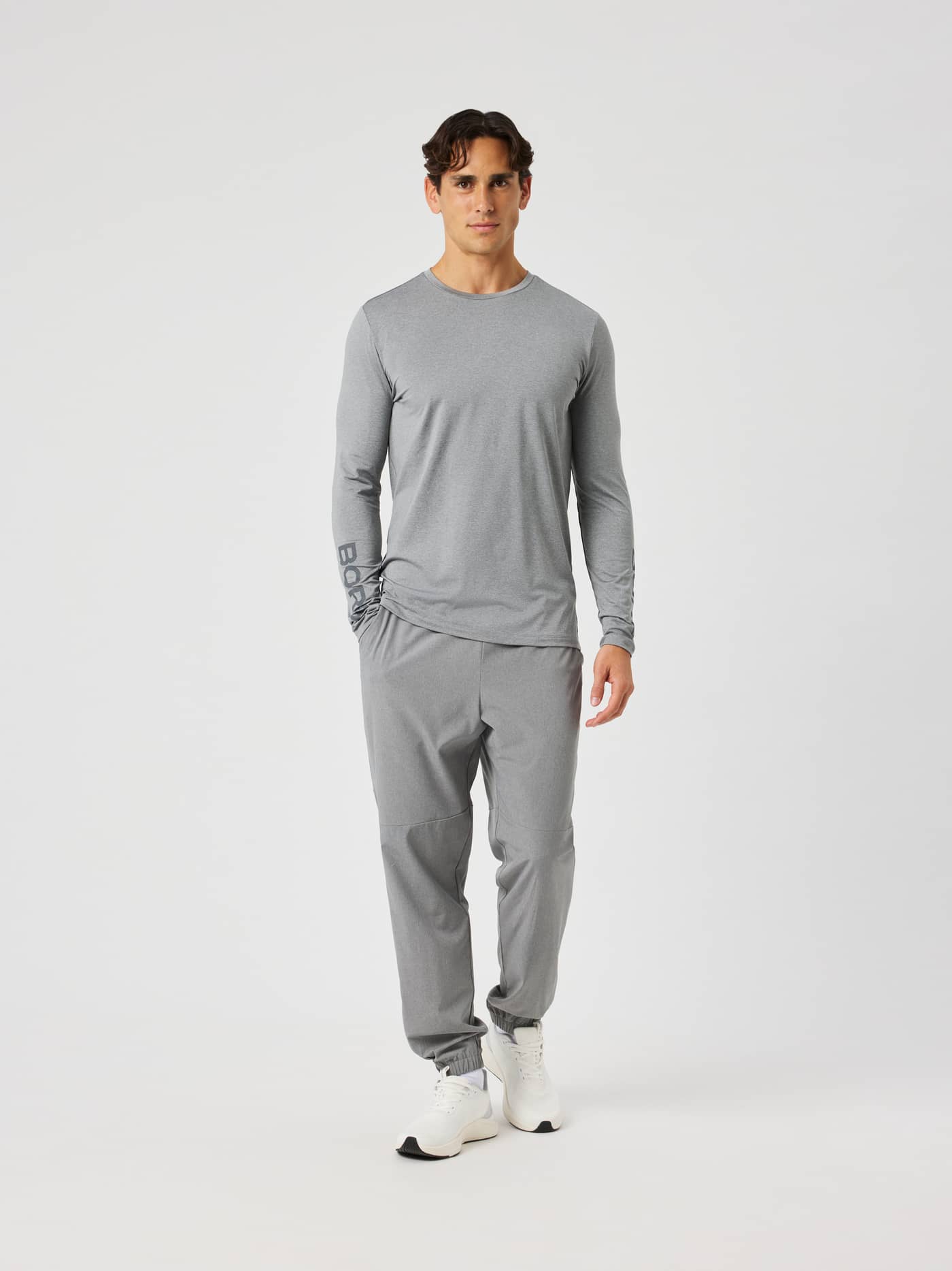 Borg Long Sleeve T-Shirt in grey melange (grey) for training, featuring a subtle logo and comfortable stretch fabric. - Image 4