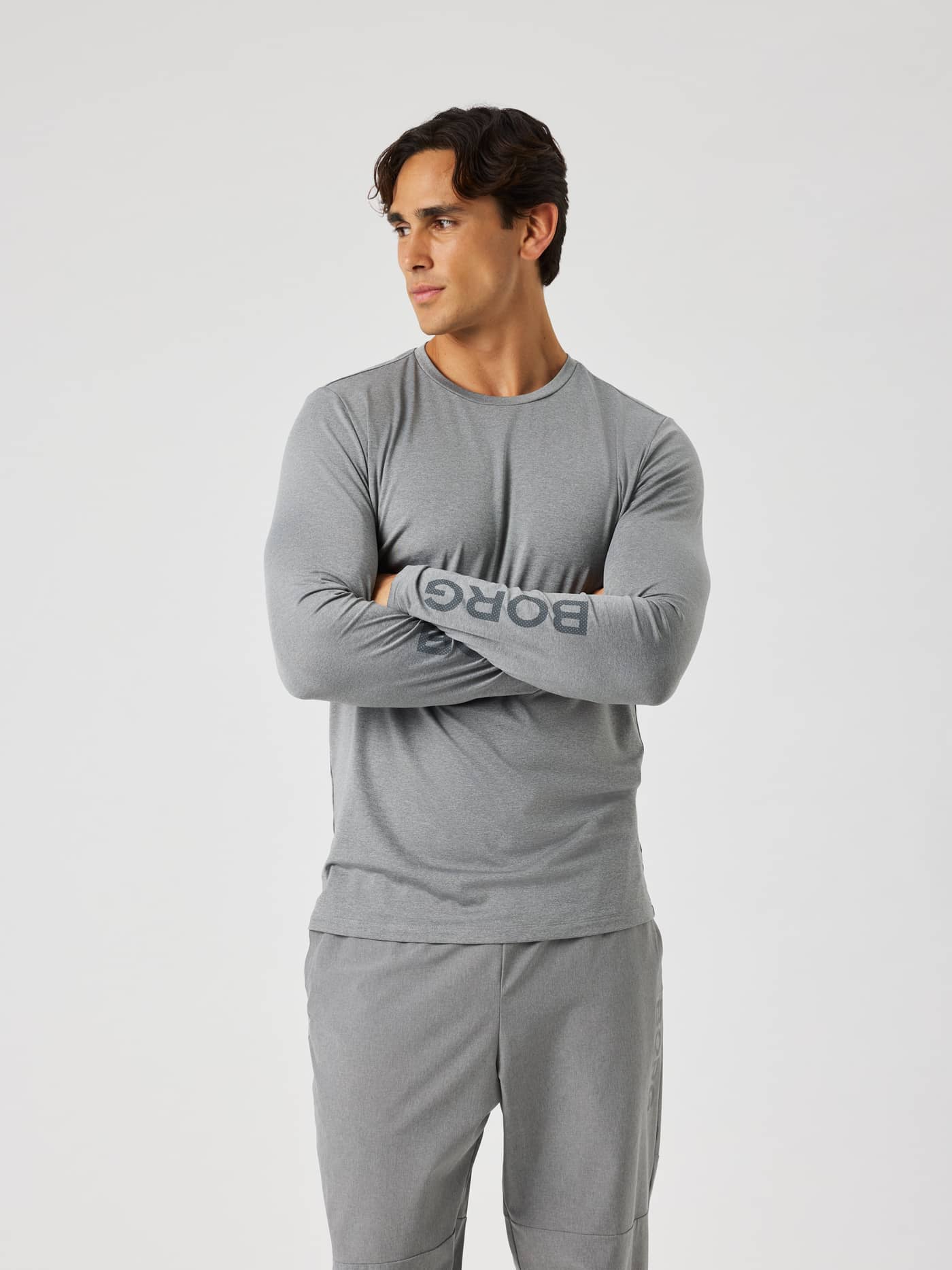 Borg Long Sleeve T-Shirt in Grey Melange (Grey) featuring a long-sleeve design with a Borg logo for training. - Image 2
