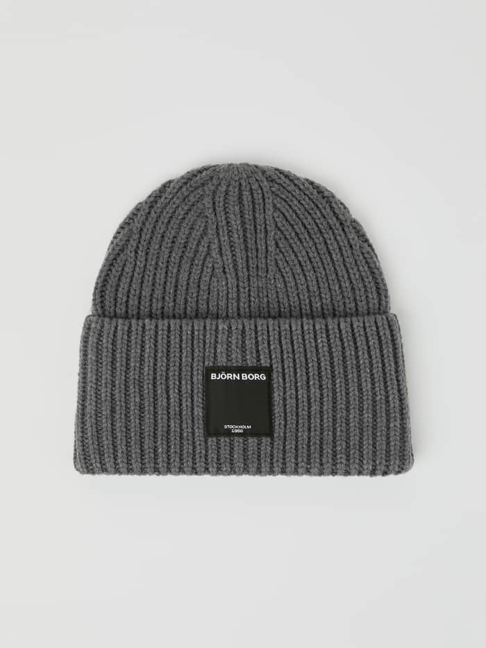 Centre Knit Beanie in Asphalt (Grey) featuring a ribbed texture, fold-up edge, and a black logo patch for leisure wear.