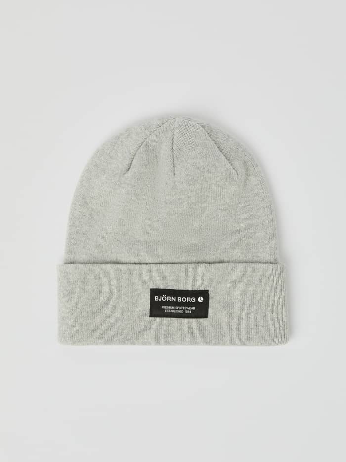 Front view of the regular fit Björn Borg Centre Beanie in Light Grey Melange (Grey), crafted from organic cotton.