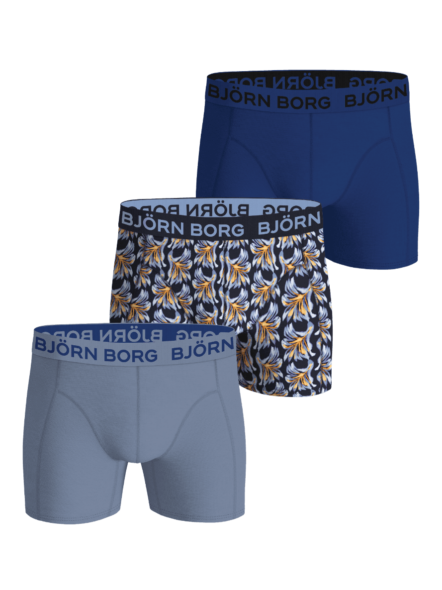 Cotton Stretch Boxers 3-pack in blauw en bloemenprint met een donkerblauwe logotailleband voor stijl, pasvorm en functie. - Image 1