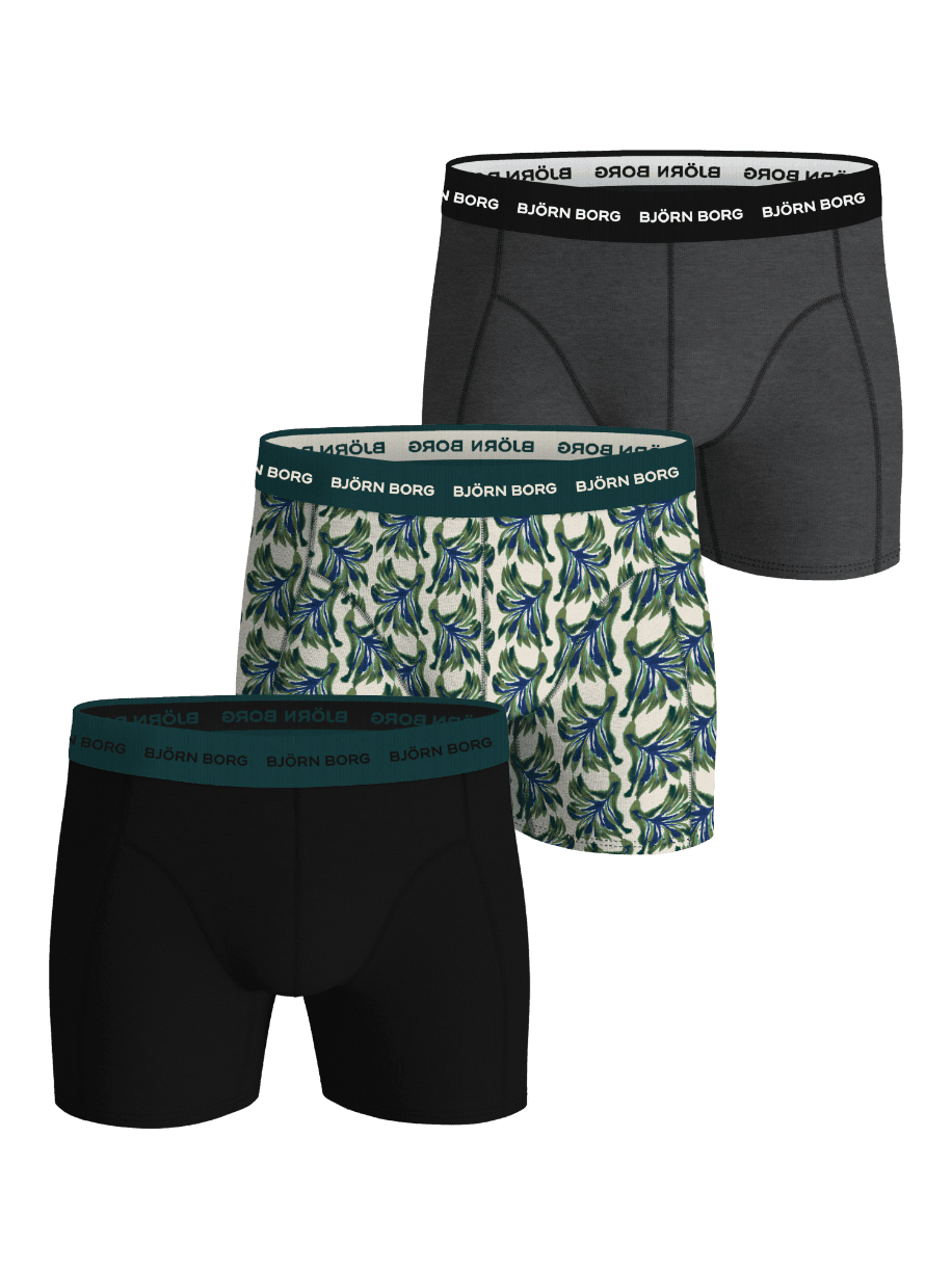 Cotton Stretch Boxers 3-pack in grijs, zwart en groene bladprint met wit en zwart logo op de elastische tailleband. - Image 1