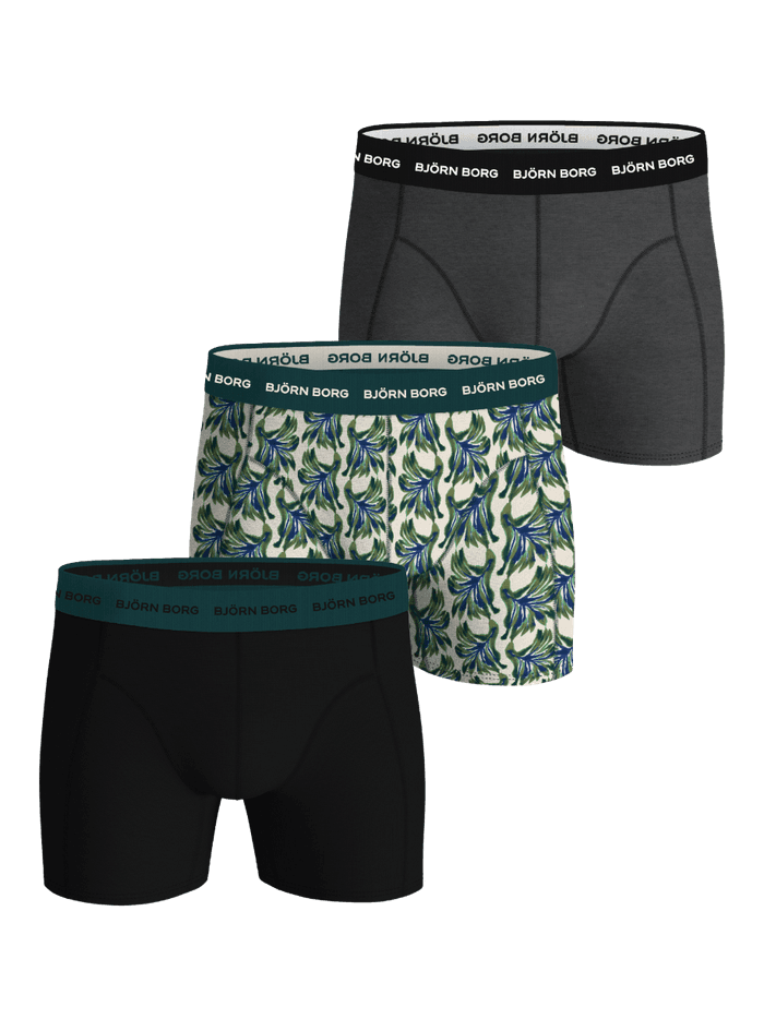 Cotton Stretch Boxers 3-pack i bomullsstretch med svart, grått och grönt bladmönster samt logoresår för stil och funktion.