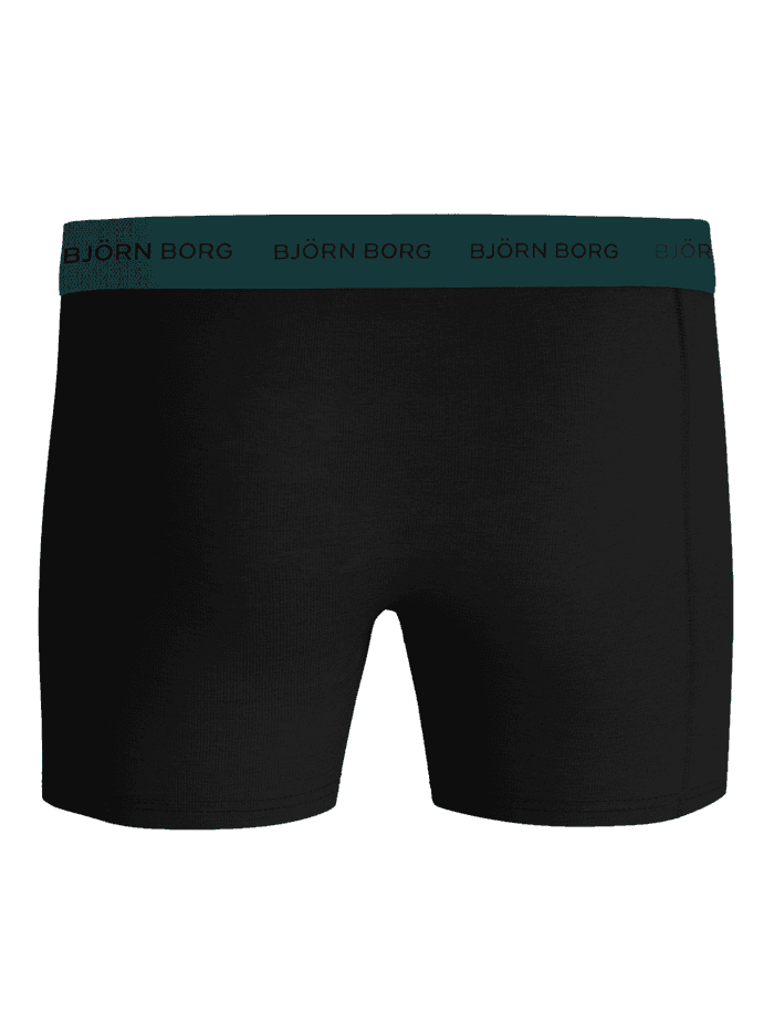 Vue de face du Cotton Stretch Boxers 3-pack noir en coton doux avec ceinture en microfibre sarcelle et logo noir. - Image 3