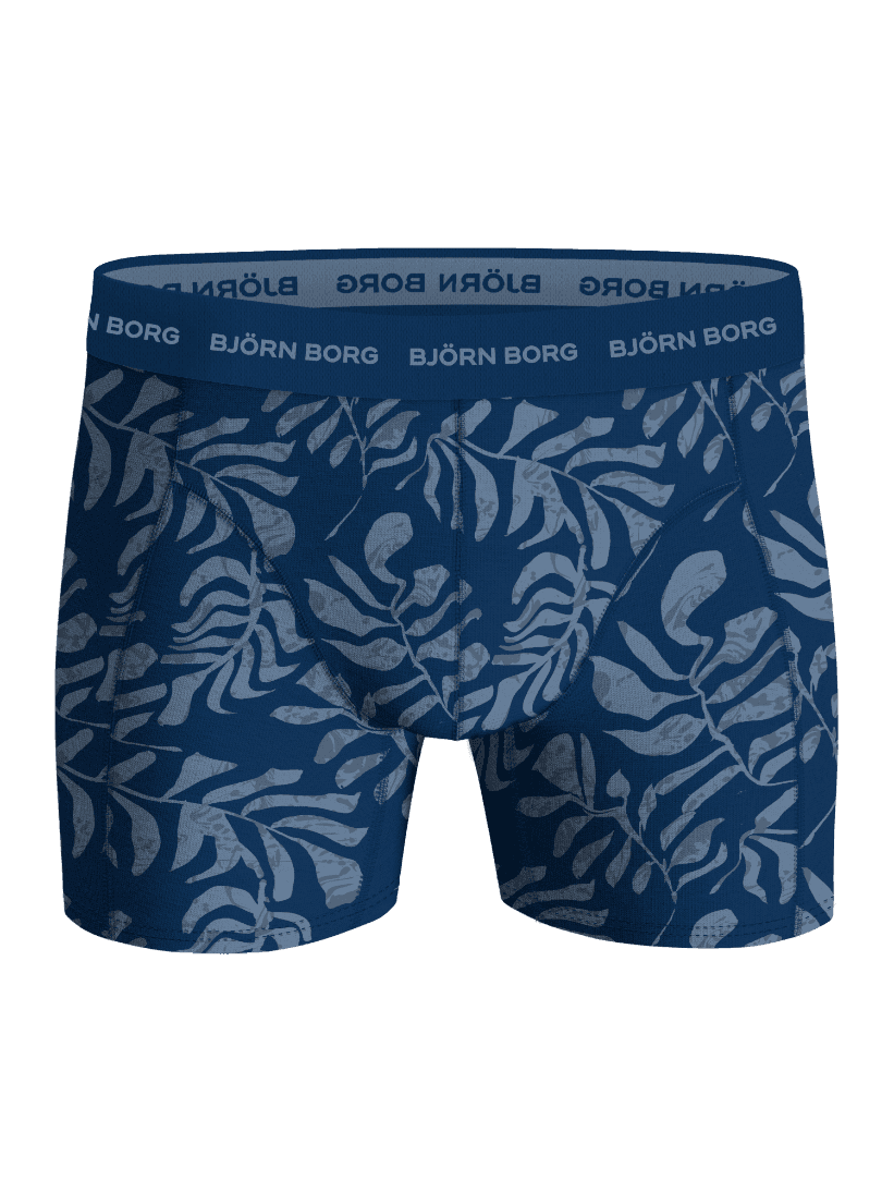 Vista frontal de Cotton Stretch Boxers 3-pack para hombre en azul con estampado de hojas y cintura con logotipo blanco. - Image 4