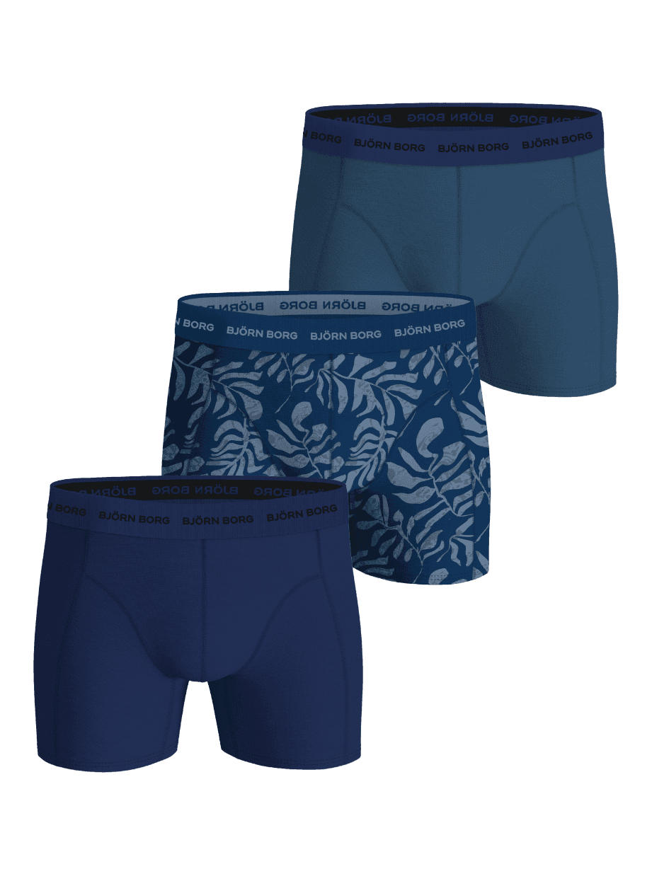 Cotton Stretch Boxers 3-pack in Blauw met een bladerprint en effen boxers met een licht logo op de tailleband. - Image 1