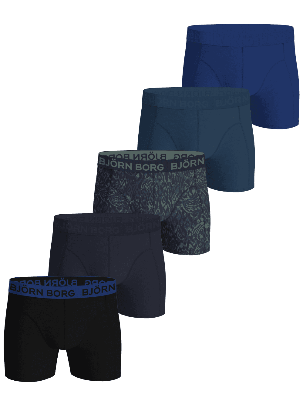 Cotton Stretch Boxers 5-pack met blauwe, marineblauwe, zwarte en geprinte herenboxershorts met blauwe en zwarte logo's. - Image 1