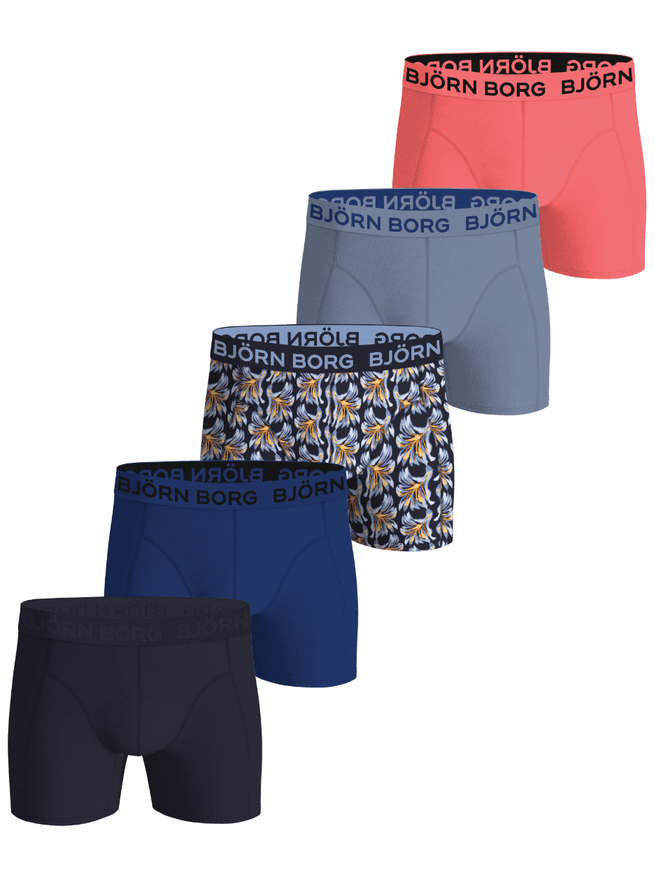 Cotton Stretch Boxers 5-pack featuring pink, blue, navy blue, and patterned boxer briefs with signature logo waistbands. - Image 1