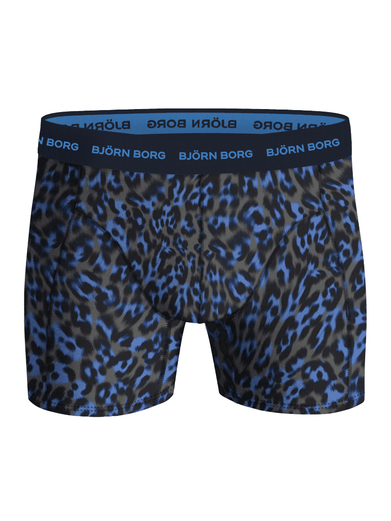 Front view of the Cotton Stretch Boxers 5-pack in a blue leopard print with a blue logo on the waistband. - Image 5