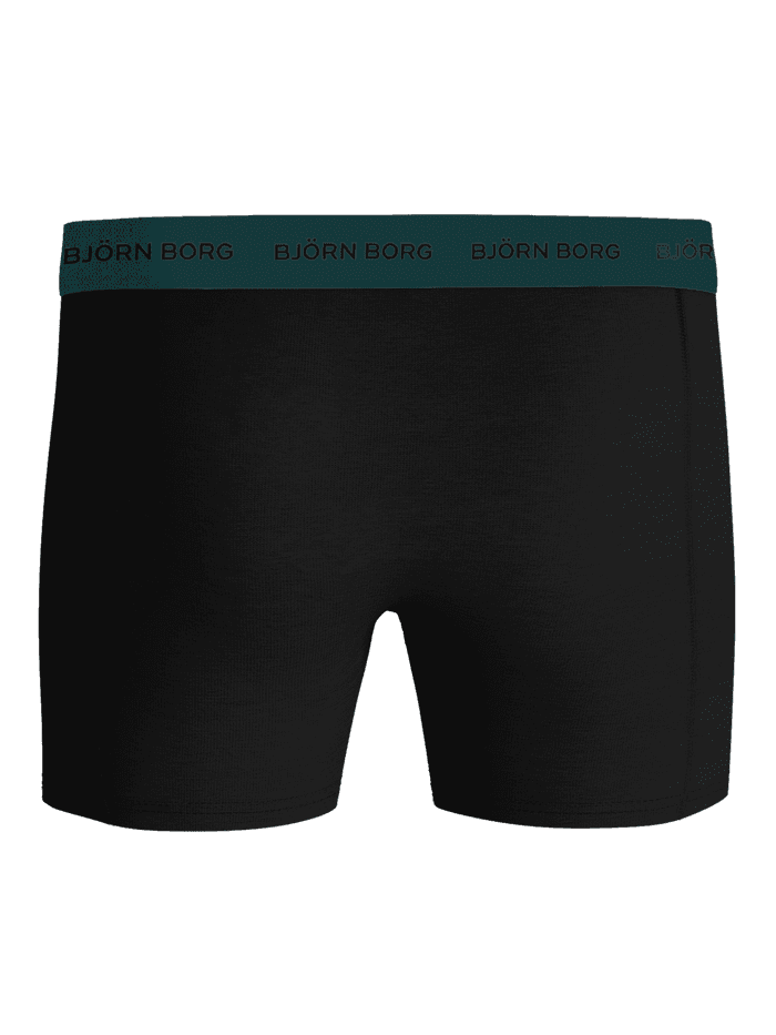 Front view of the black Cotton Stretch Boxers 5-pack featuring a teal elastic waistband and black Björn Borg logo. - Image 3