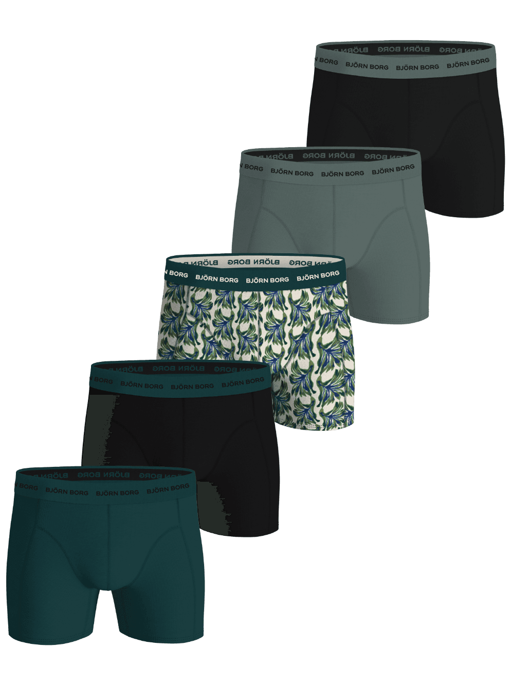 Cotton Stretch Boxers 5-pack voor heren in zwart, groen en bladprint met een microvezel logo-tailleband. - Image 1