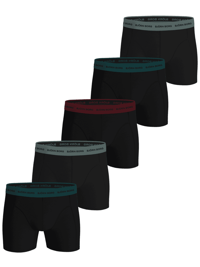 Cotton Stretch Boxers 5-pack i svart bomullsstretch med fargede midjebånd og hvite logoer for stil og funksjon.