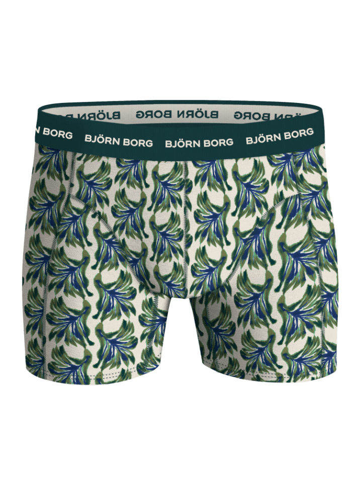 Front view of the Cotton Stretch Boxers 5-pack in a green and blue palm print with a dark green and white logo waistband. - Image 5