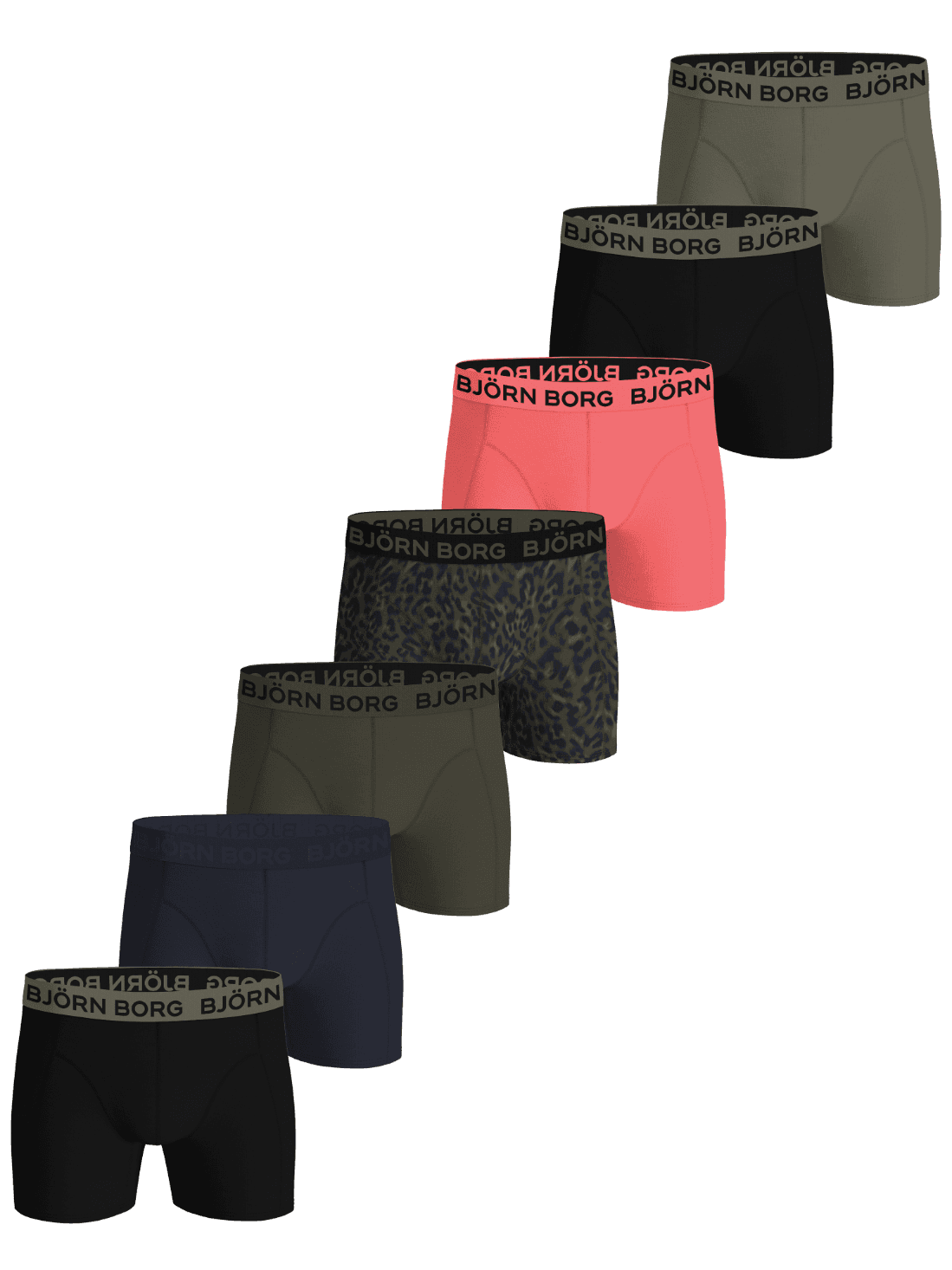 Cotton Stretch Boxers 7-pack voor heren in zwart, groen, marineblauw, roze en dierenprint met microfiber logo-elastiek. - Image 1