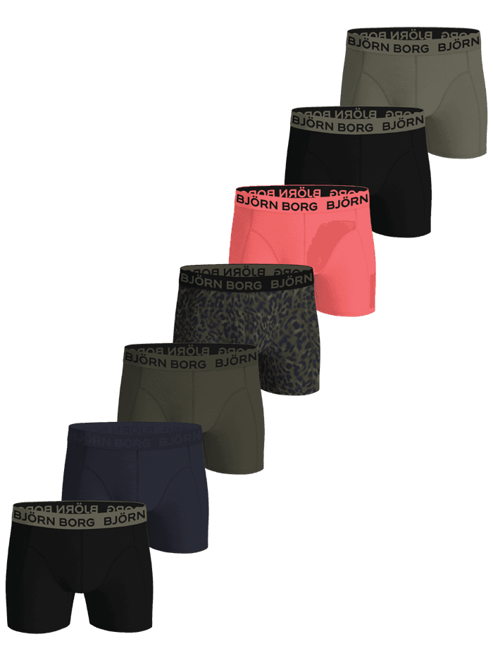 Cotton Stretch Boxers 7-pack homme : noir, vert, bleu marine, rose et imprimé animal avec ceinture à logo noir en microfibre.