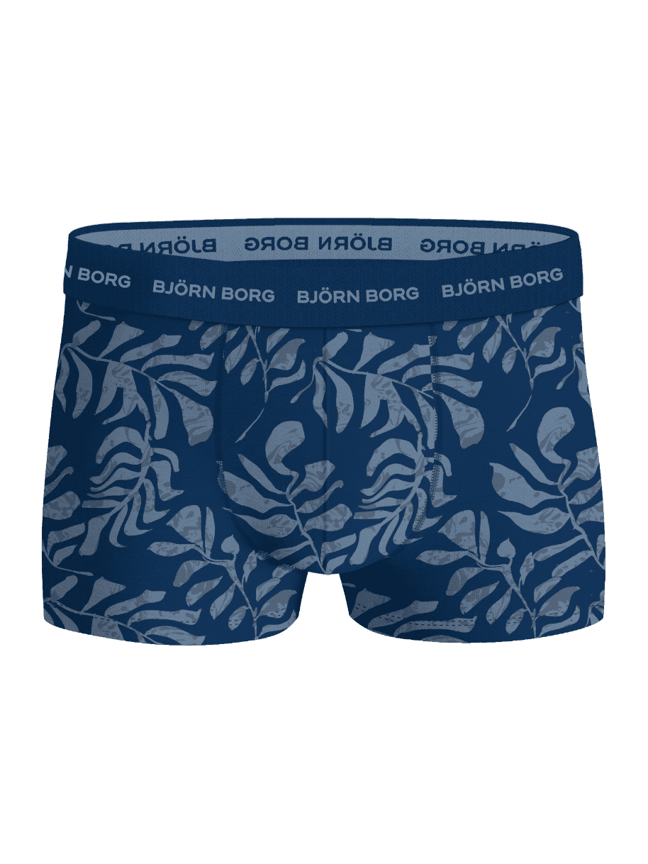 Cotton Stretch Trunks 3-pack i marineblå med gråt bladprint og hvidt logo i taljen set forfra. - Image 4
