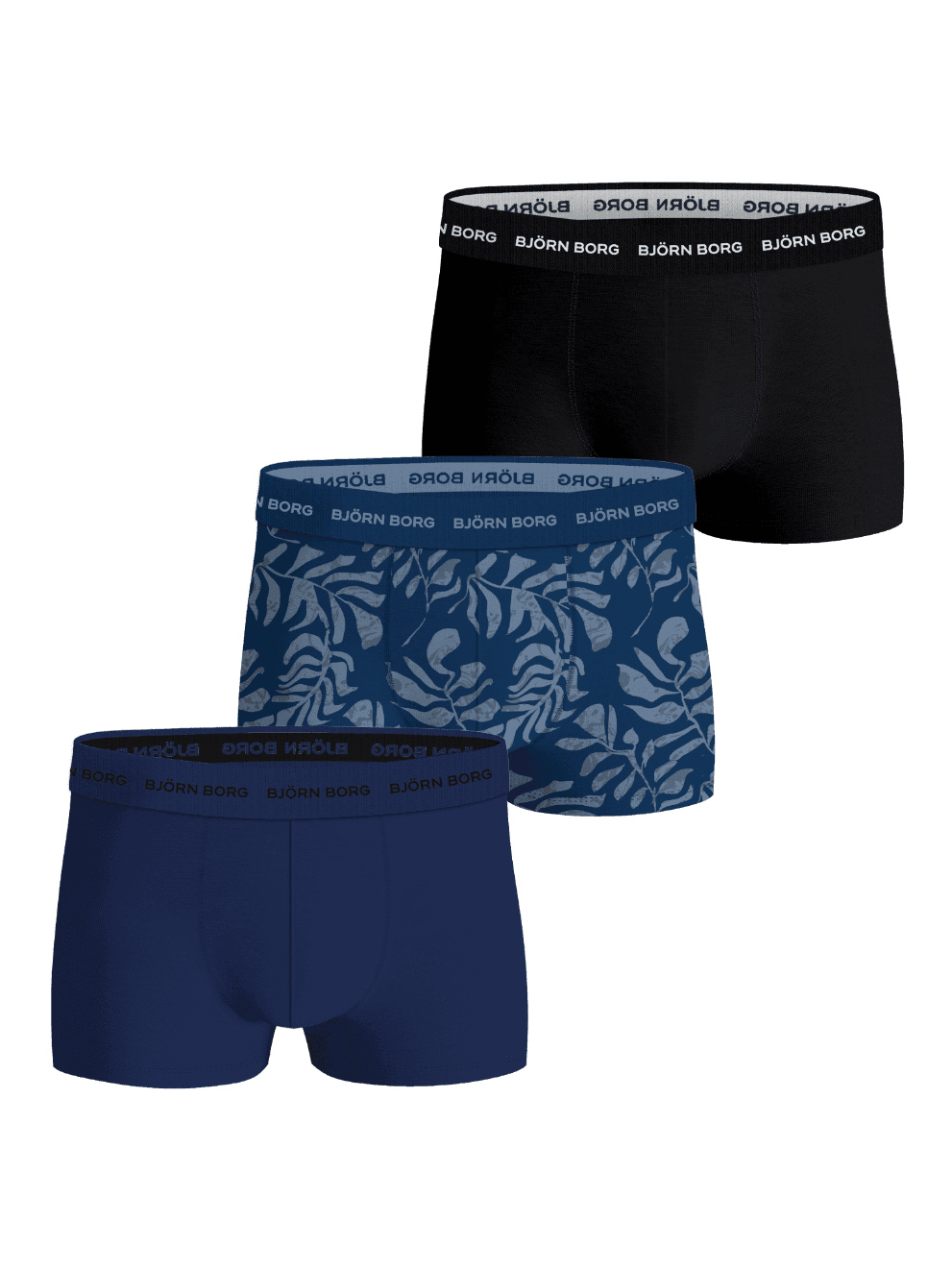 Cotton Stretch Trunks 3-pack in zwart, marineblauw en bladprint met witte logo-tailleband en een middelhoge pasvorm. - Image 1