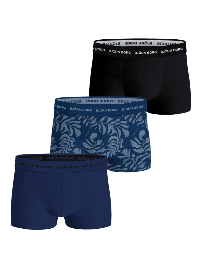 Cotton Stretch Trunks 3-pack in black, navy blue, and a leaf print with a white logo waistband and functional mid-rise fit.