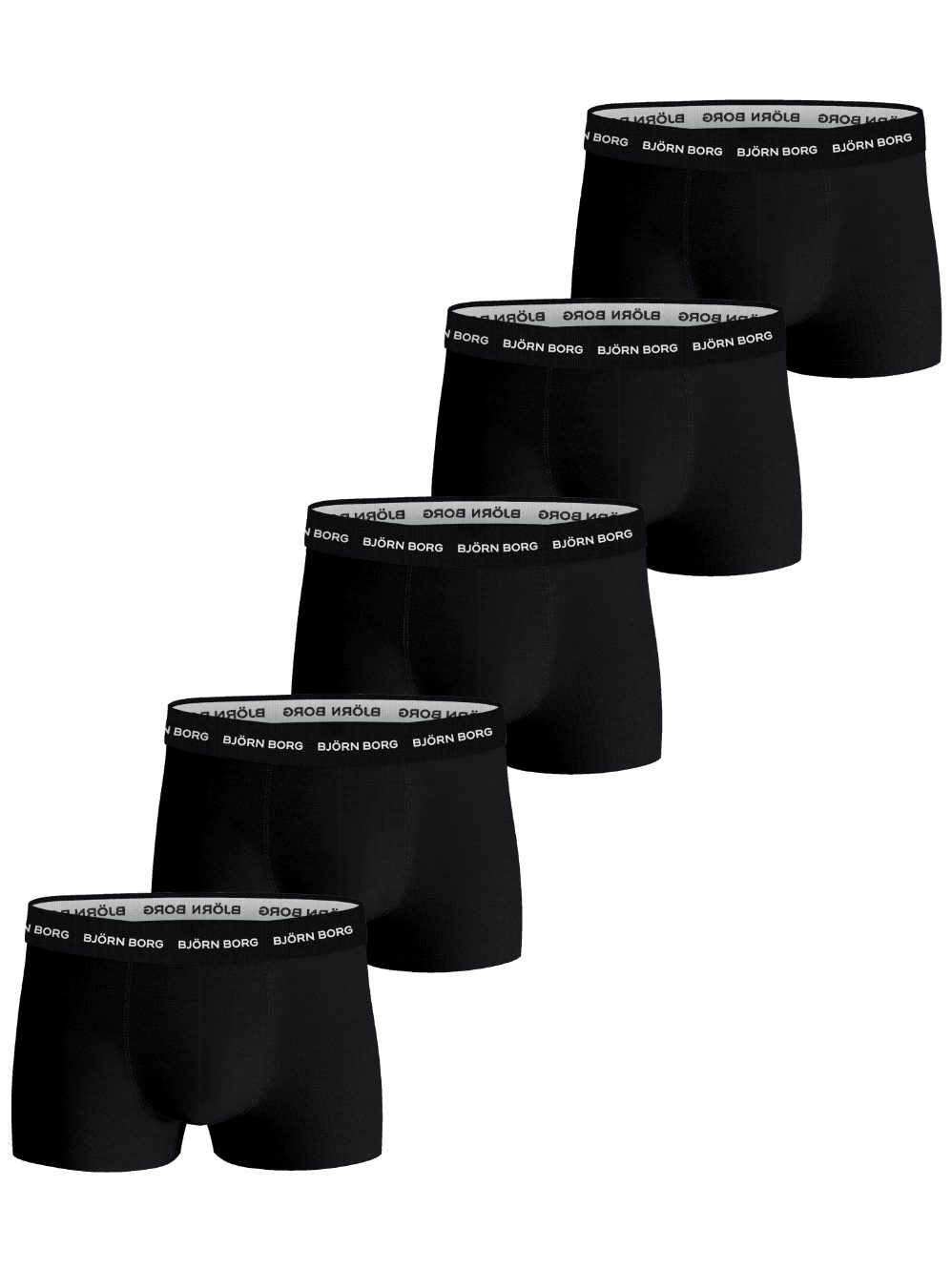 Front view of the black Cotton Stretch Trunks 5-pack with white logos on the microfiber waistband for style and function. - Image 3