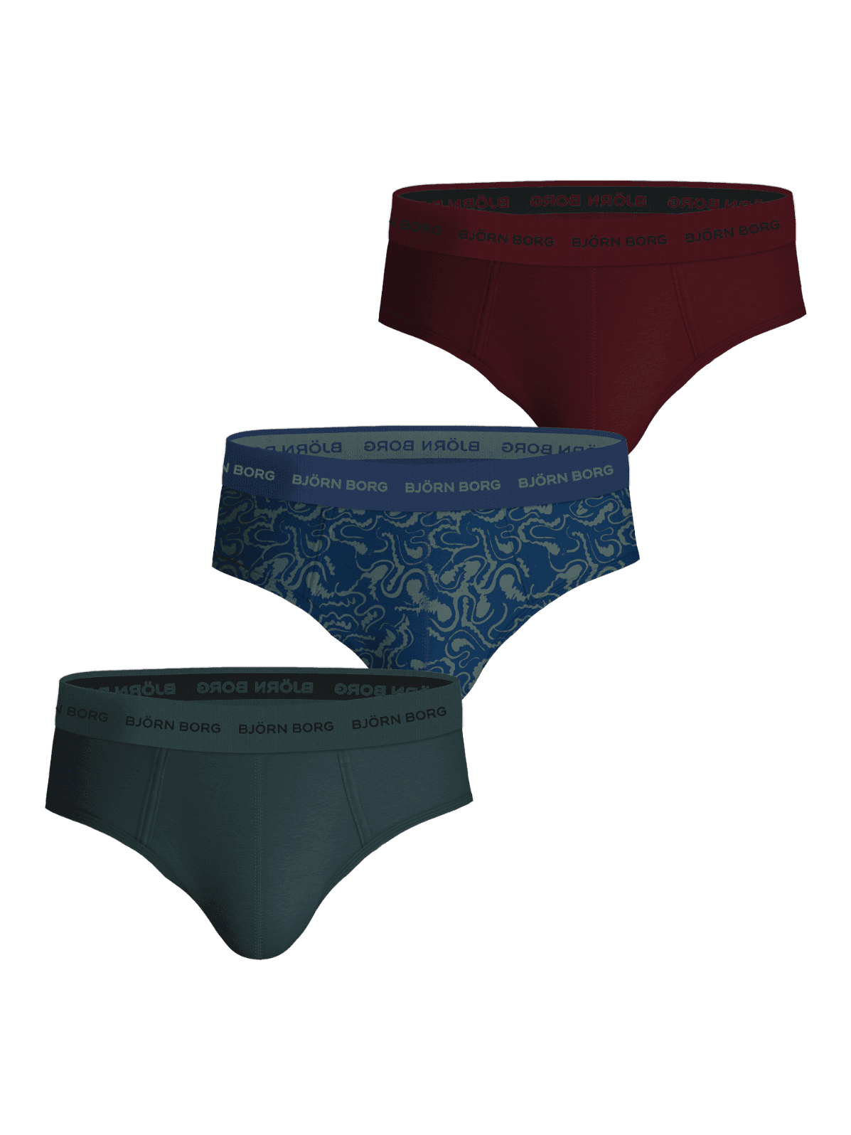 Cotton Stretch Briefs 3-pack en coton rouge, vert et imprimé tourbillon bleu avec ceinture à logo ton sur ton. - Image 1
