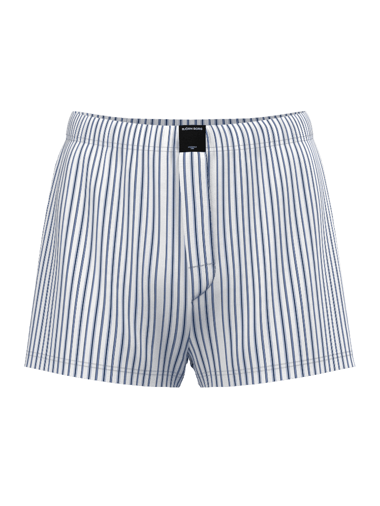 Front view of Björn Borg Cotton Stretch Woven Boxers Shorts 2-pack in white and blue stripes with a black logo and loose fit. - Image 4