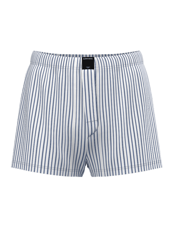 Cotton Stretch Woven Boxers Shorts 2-pack met blauwe en witte strepen, een zwart logo en losse fit in vooraanzicht. - Image 4