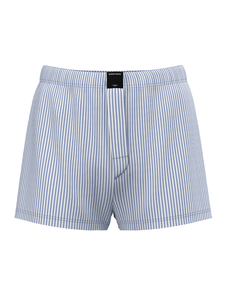 Front view of men's blue and white striped Cotton Stretch Woven Boxers Shorts 2-pack with a black logo label. - Image 2