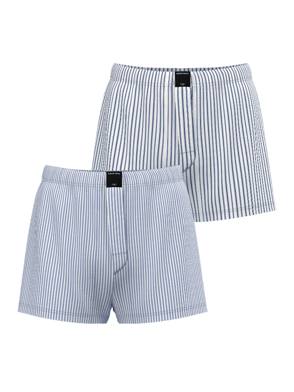 Cotton Stretch Woven Boxers Shorts 2-pack i blå- och vitrandig vävd bomull med svart logotyp och funktionell passform.