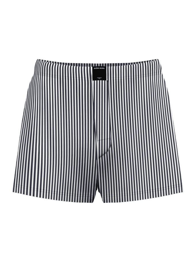 Front view of the Cotton Stretch Woven Boxers Shorts 2-pack in navy blue and white stripes, featuring a functional loose fit. - Image 2
