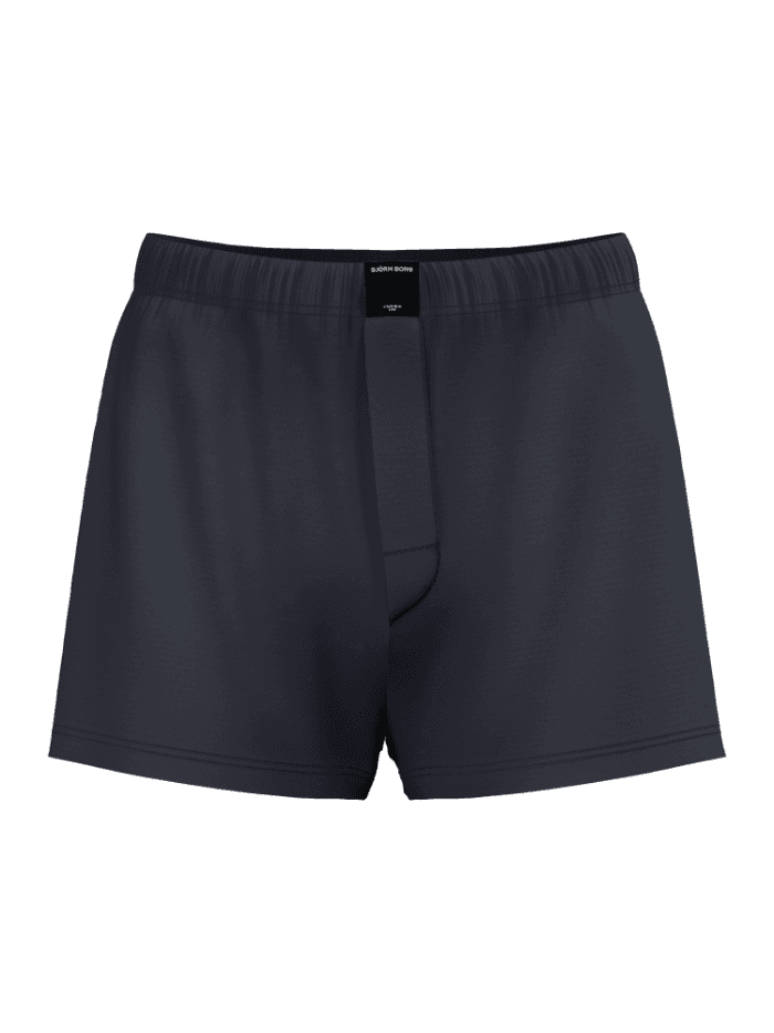 Front view of the navy blue Björn Borg Cotton Stretch Woven Boxers Shorts 2-pack, featuring a loose fit and soft cotton. - Image 4
