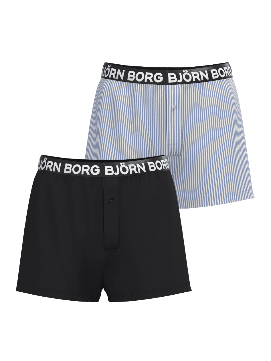 Cotton Stretch Logo Woven Boxers Shorts 2-pack in black and blue stripes, featuring a functional logo elastic waistband. - Image 2