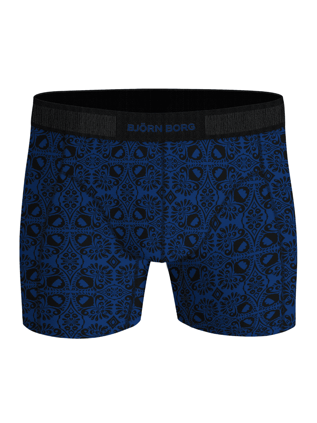 Front view of the Organic Cotton Stretch Boxers 2-pack, navy and black boxer briefs with an ornate print and blue logo. - Image 2