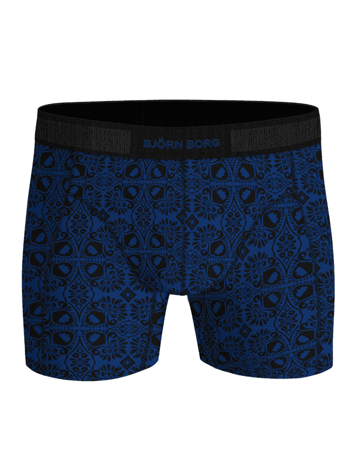 Vue de face du Organic Cotton Stretch Boxers 2-pack à imprimé ornemental noir et Bleu (Marine) avec logo bleu. - Image 2
