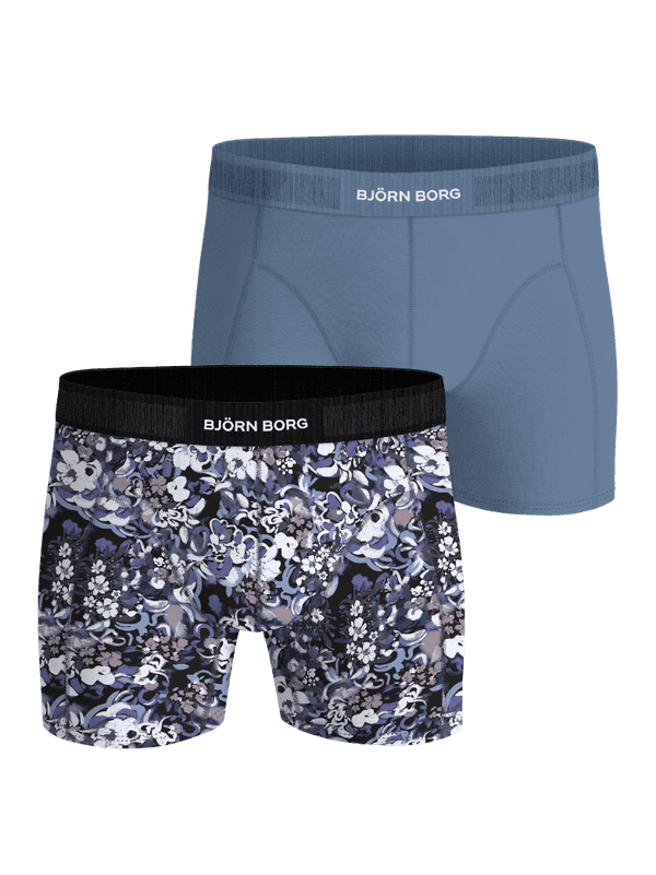 Organic Cotton Stretch Boxers 2-pack in blue and floral print boxer briefs with white logo waistbands for style and function.
