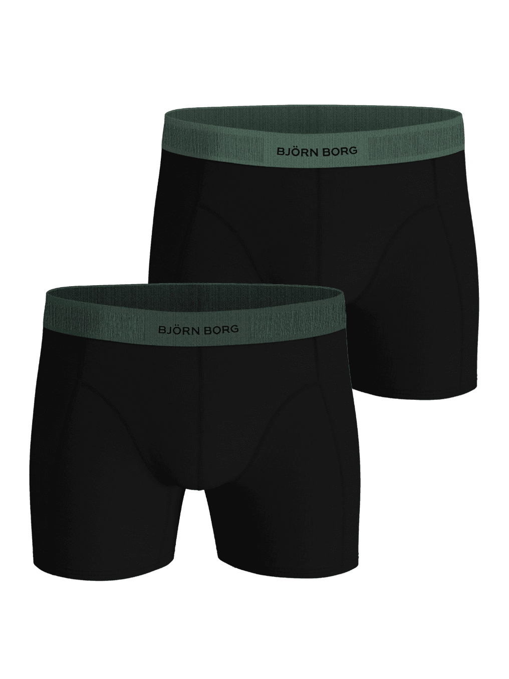 Black Organic Cotton Stretch Boxers 2-pack for men featuring green waistbands with black logos for style and function. - Image 1