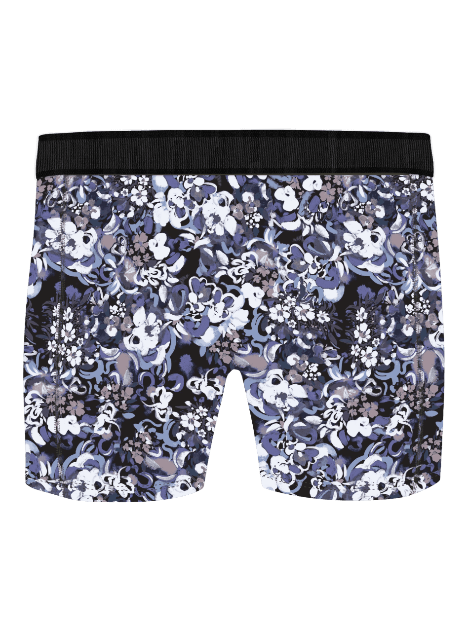 Organic Cotton Stretch Boxers 2-pack in a blue floral print featuring a soft black logo waistband. - Image 3