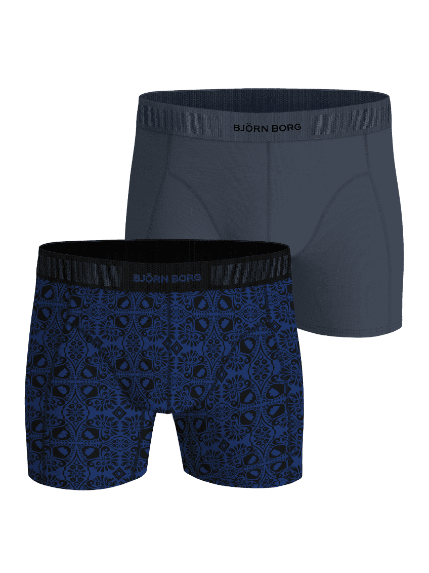 Organic Cotton Stretch Boxers 2-pack in marineblauw en zwarte print met zwarte en marineblauwe logo's voor heren. - Image 1
