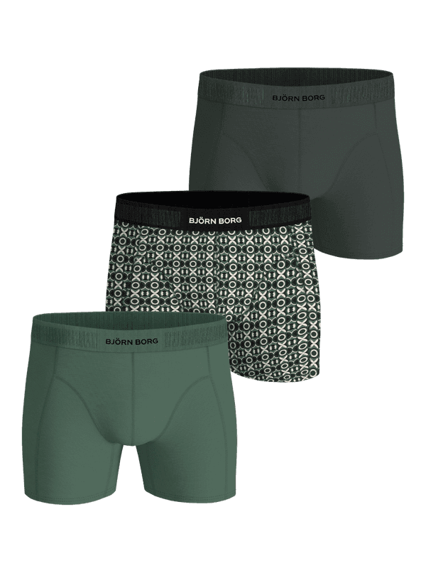 Björn Borg Organic Cotton Stretch Boxers 3-pack in Green and geometric print, featuring functional, stylish boxer briefs.