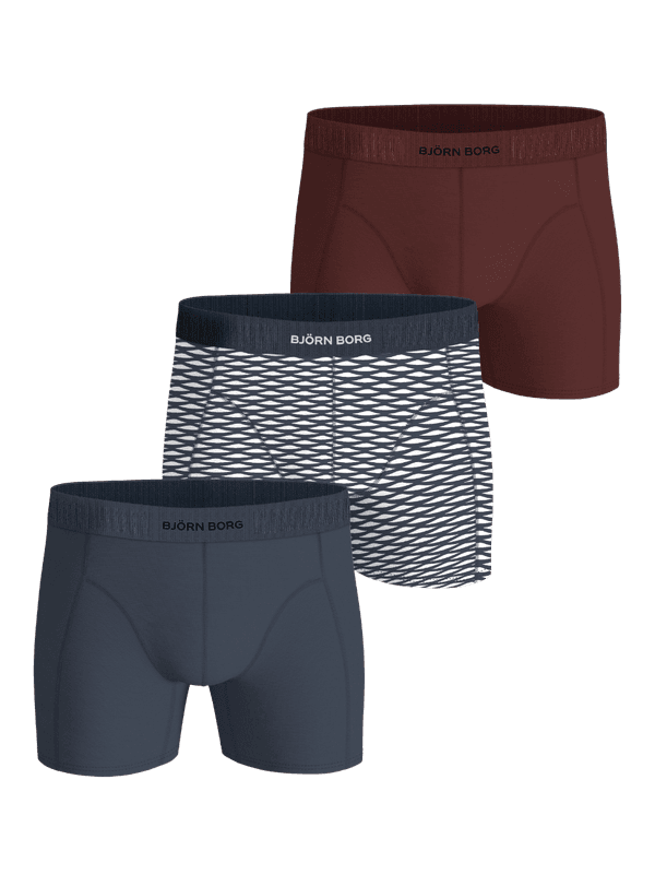 Organic Cotton Stretch Boxers 3-pack featuring three functional boxer briefs in brown, navy blue, and a white grid print.