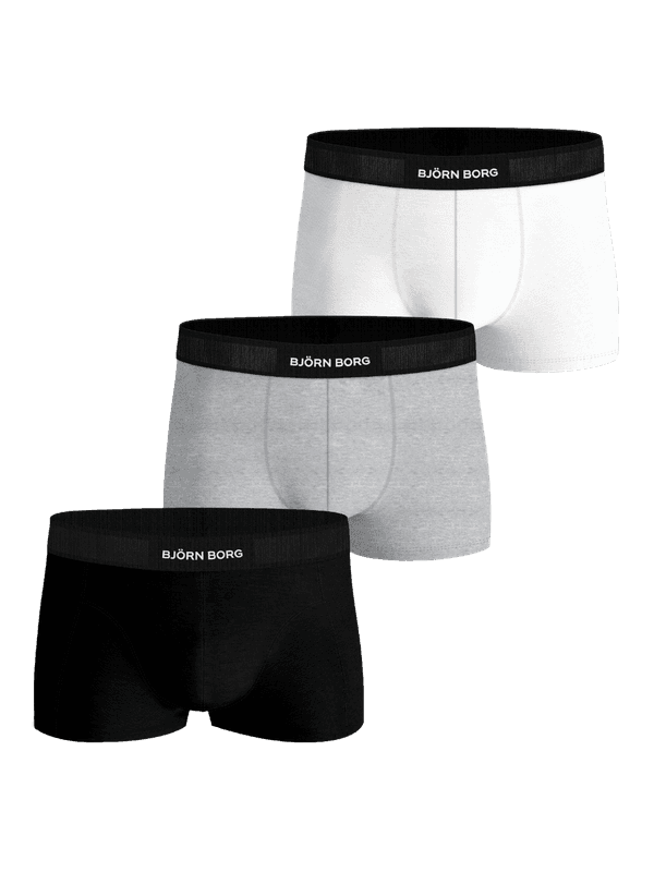 Organic Cotton Stretch Trunks 3-pack in black, melange, and white, featuring a soft microfiber logo elastic waistband.