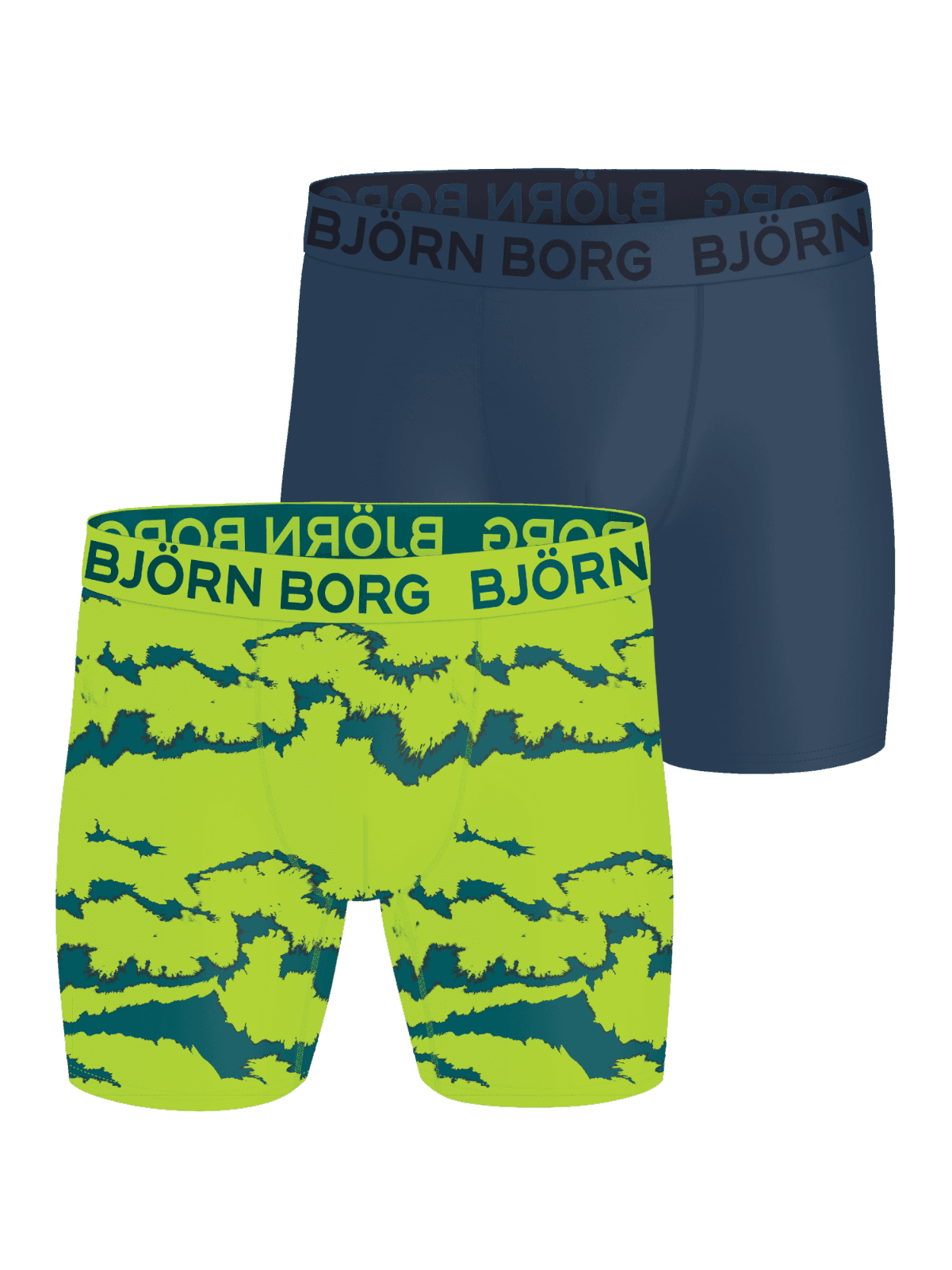 SPORTS MICROFIBER BOXER 2p: Trainings-Boxer-Briefs aus Mikrofaser in Marineblau und Neongrün-Print mit marineblauen Logos. - Image 1