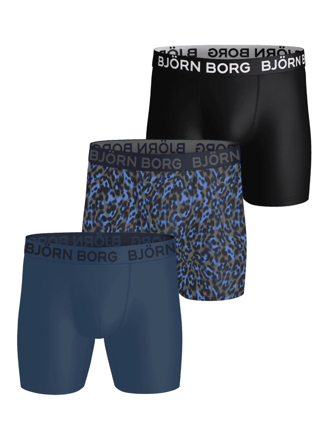 Björn Borg Sports Microfiber Boxers 3-pack in zwart, marineblauw en blauwe luipaardprint met wit logo voor training. - Image 1
