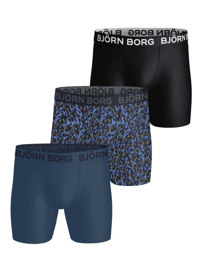 Sports Microfiber Boxers 3-pack noir, bleu marine et imprimé léopard bleu avec logo blanc pour l'entraînement.