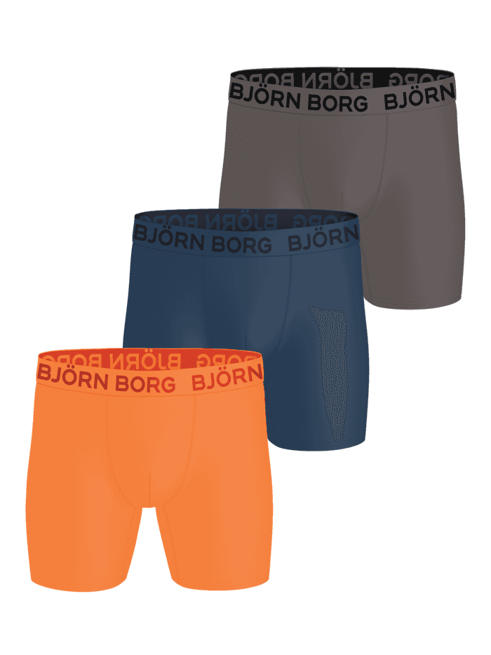 Sports Microfiber Boxers 3-pack gris, bleu marine et orange en microfibre d'entraînement avec ceinture à logo noir.