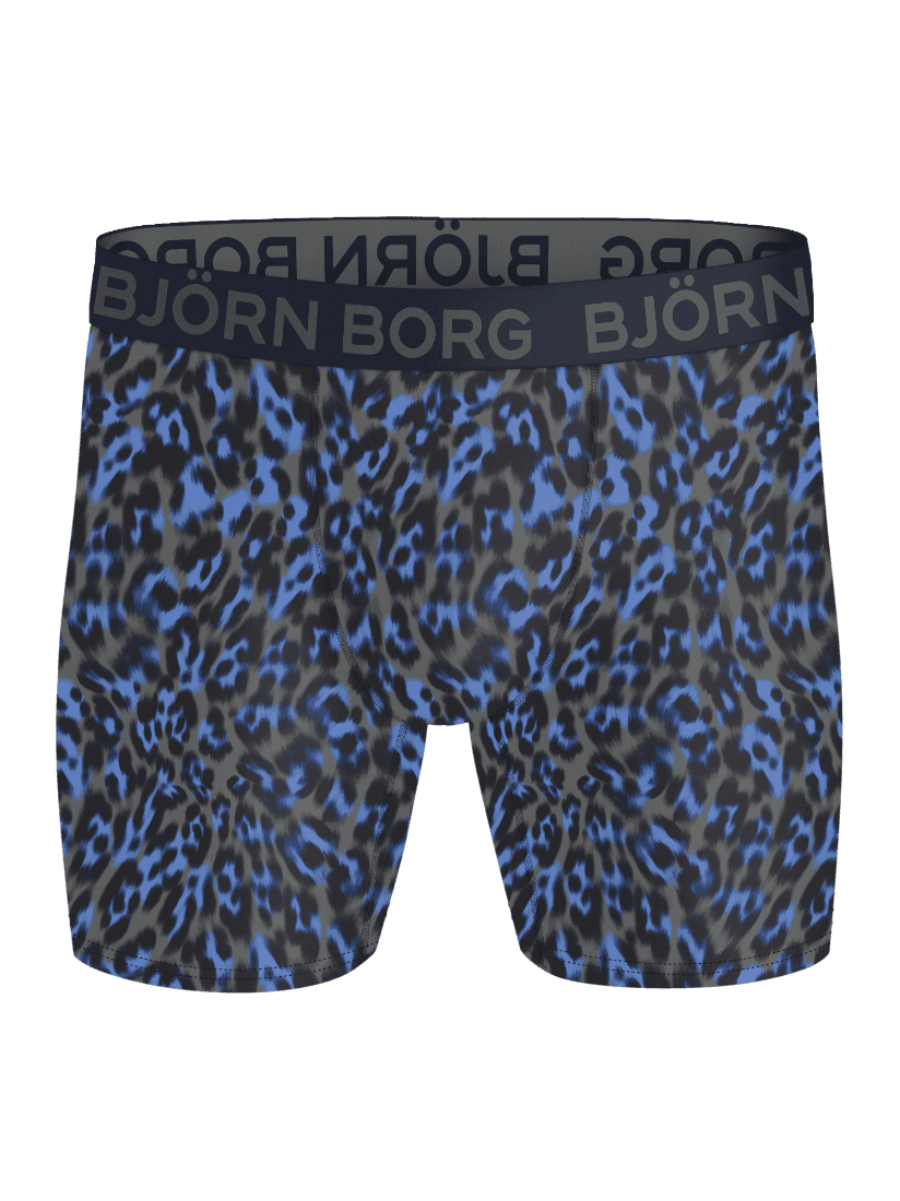 Sports Microfiber Boxers 3-pack med blå og sort leopardmønster og gråt logo til træning set forfra. - Image 4