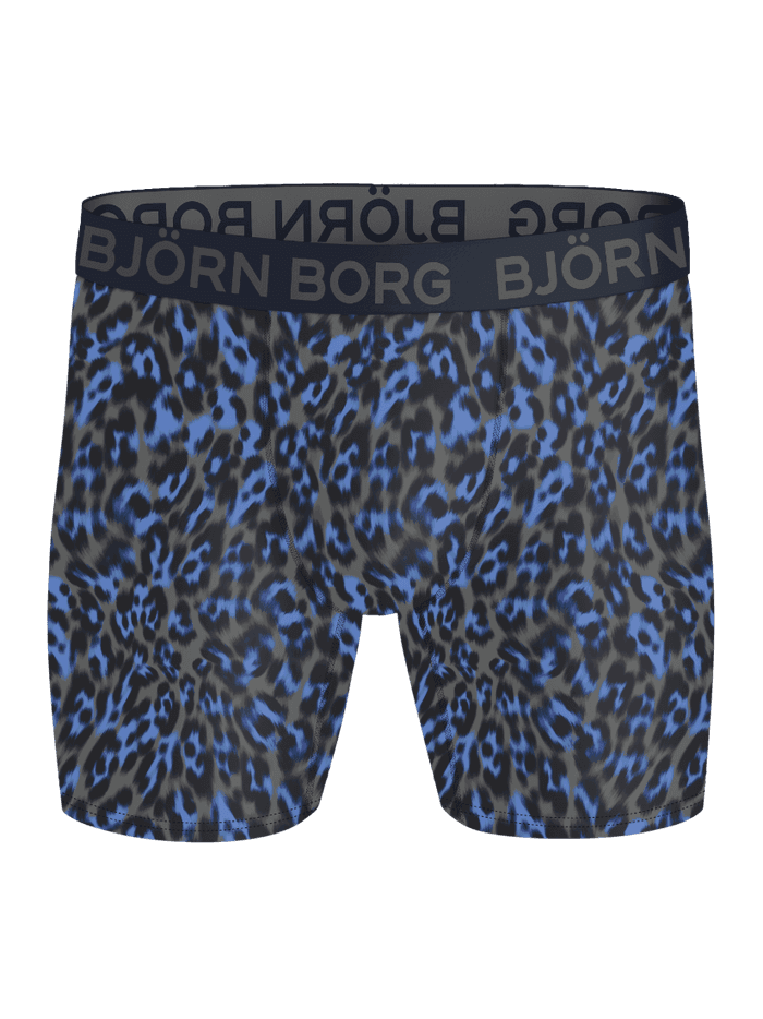 Sports Microfiber Boxers 3-pack med blå og sort leopardmønster og gråt logo til træning set forfra. - Image 4