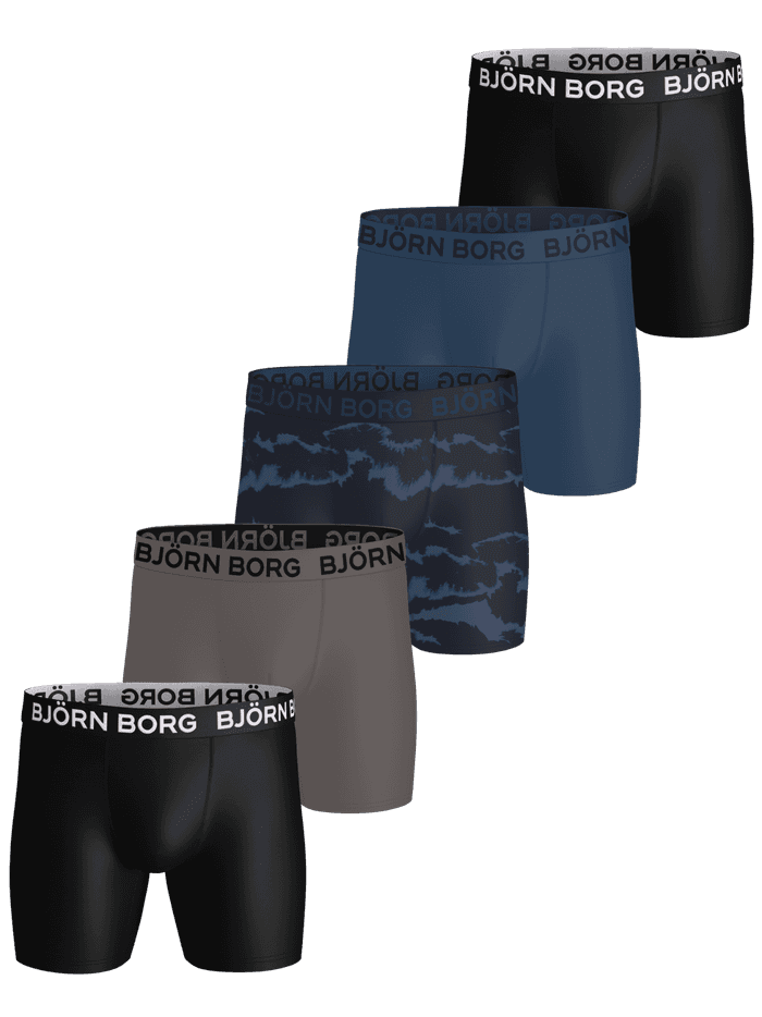 Sports Microfiber Boxers 5-pack træningsboksere i mikrofiber i sort, marineblå, grå og blåt print med hvidt logo på taljen.